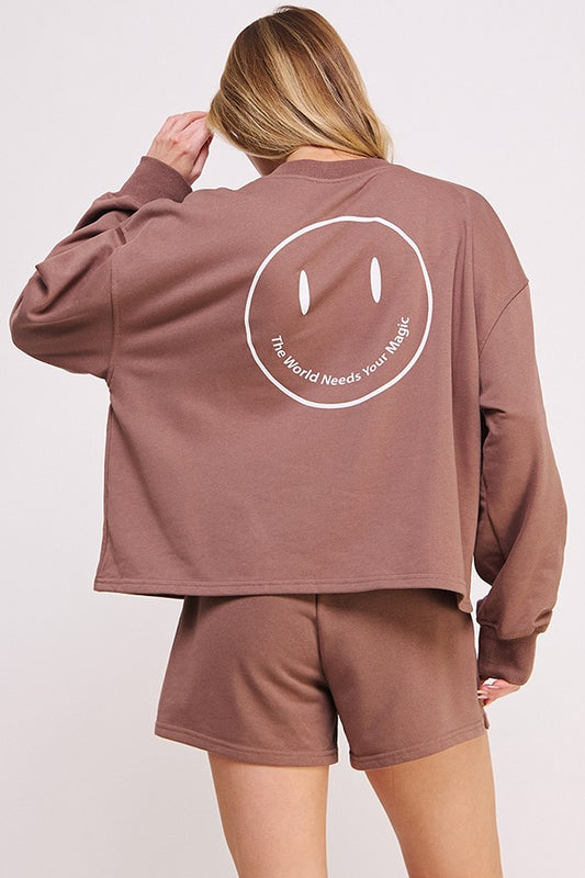 Happy Face Sweatshirt + Shorts Set- 3 Colors